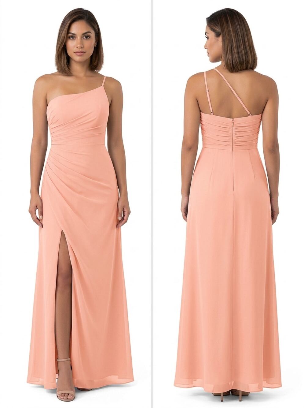 Azazie Peach Pink One Shoulder Ruched Maxi Dress with Slit Women Size C